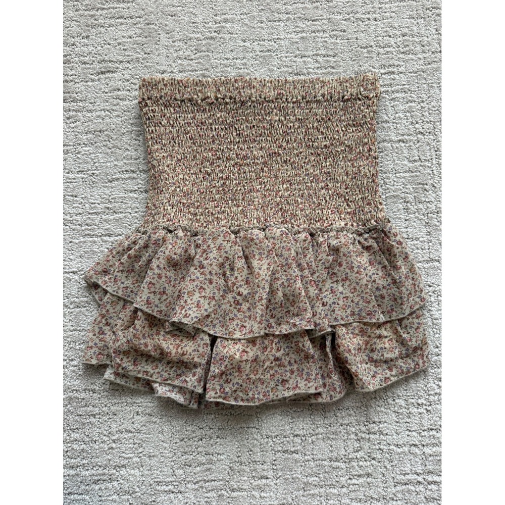MABLE Skort Womens Medium Tan Floral NWOT Smocked Ruffle Tiered Coquette Cottage